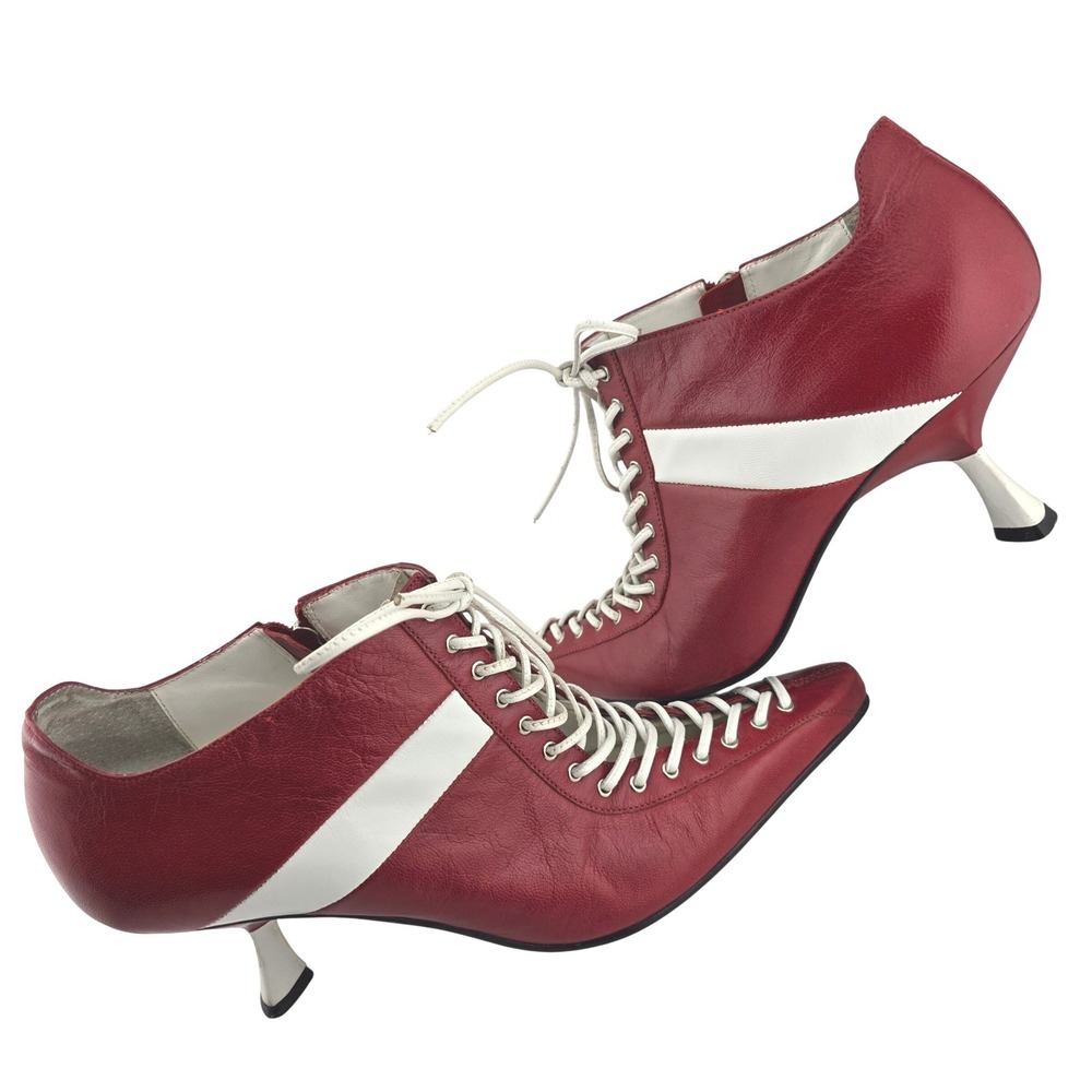 Vintage Michelle K Leather Racing Stripe Lace Up Oxford Booties Size 8 GOOD Y2K